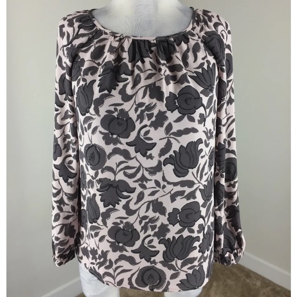 LOFT by Ann Taylor XS Petite Blush Pink Gray Floral Blouse Long Sleeve - Picture 1 of 5